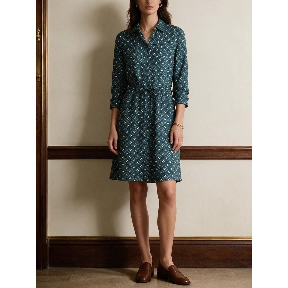 Brooks Brothers Red Fleece Teal Geometric 100% Silk Shirt Dress 4 Preppy